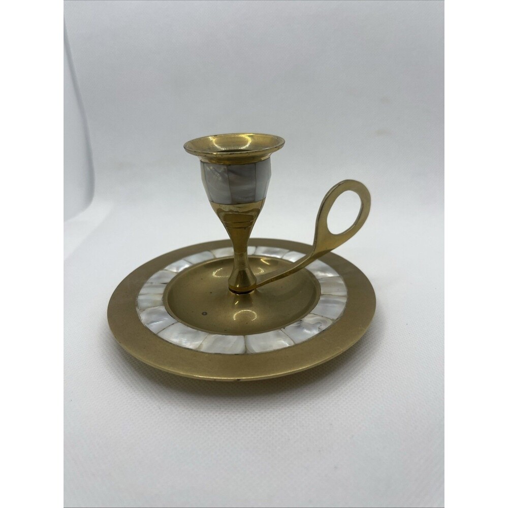 Chamberstick Holder Mother of Pearl Inlay Brass Candle Holder Candlestick